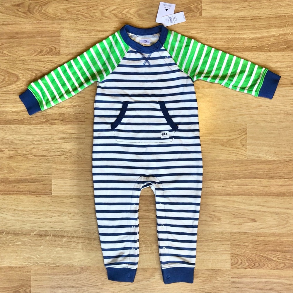 NWT GAP Baby Boy Blue and Green Striped One Piece/Coverall with Kangaroo Pocket